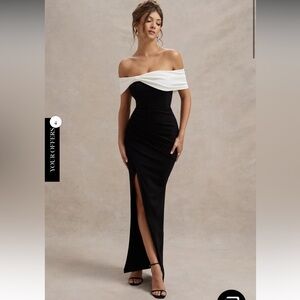 Club London - EVA Black & White Bardot Bow Detail Maxi Dress With Thigh Split